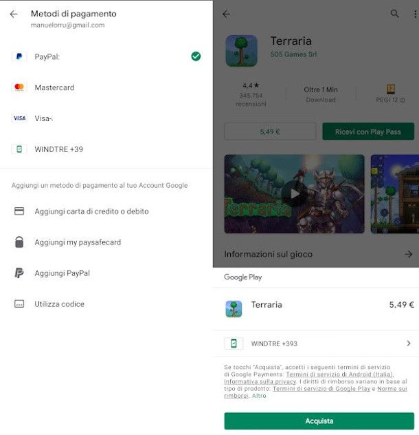 selezione metodo di pagamento con credito WINDTRE su Play Store