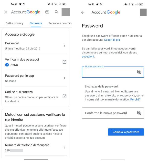 Come cambiare password Gmail dal cellulare