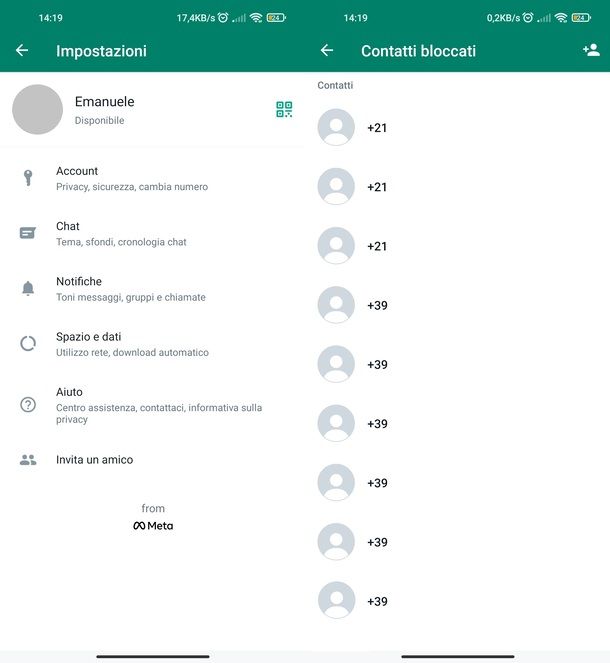 Numeri bloccati WhatsApp app Android