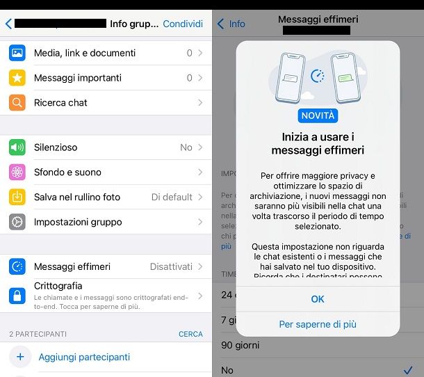 disattivazione messaggi effimeri iphone