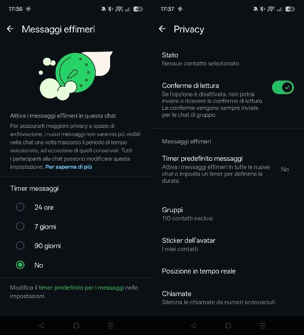 Disattivazione dei messaggi effimeri