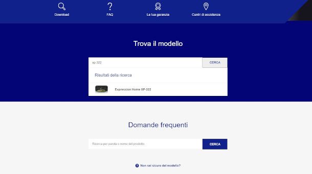 ricerca modello stampante da sito Epson