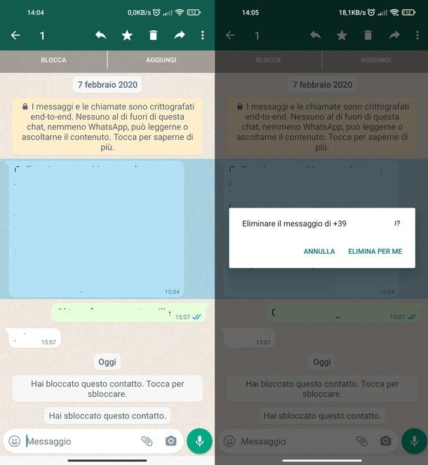 Cancellare messaggi WhatsApp app Android