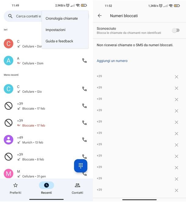 Numeri bloccati app Telefono Google