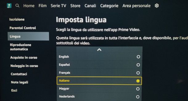 impostazione lingua interfaccia Amazon Prime Video da smart TV