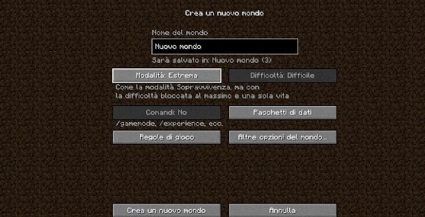 schermata impostazioni modalità di gioco Minecraft Java Edition