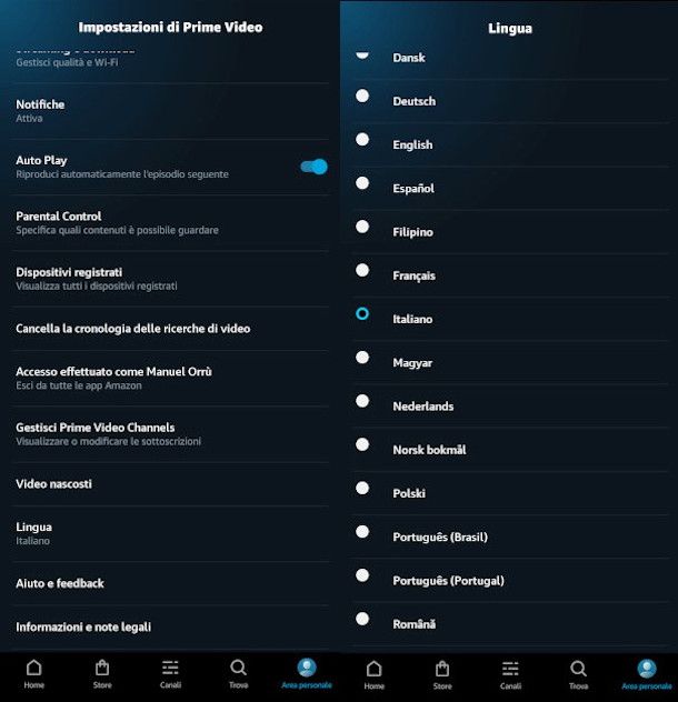 funzione app Prime Video mobile per impostare la lingua