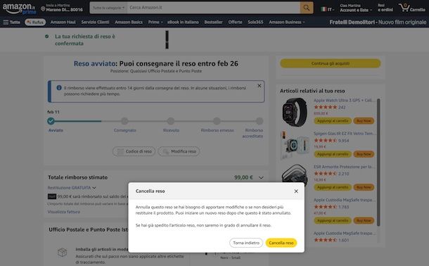 Annullare reso Amazon