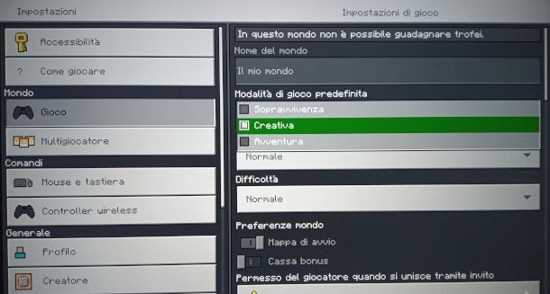 schermata modifica modalità di gioco Minecraft PS4
