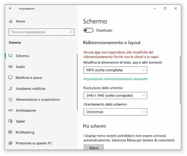 Impostazioni schermo Windows 10