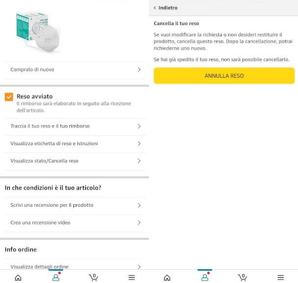 annullamento reso da app amazon shopping