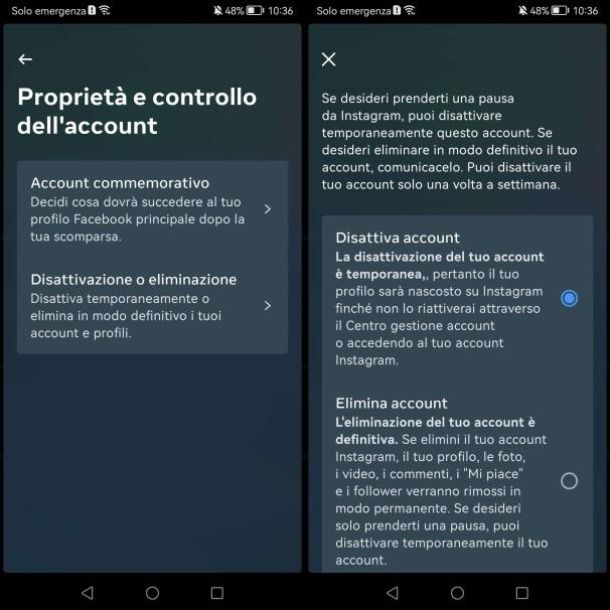 Come cancellare account Instagram temporaneamente