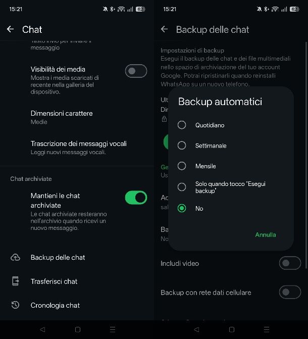 Disattivare backup WhatsApp Google Drive
