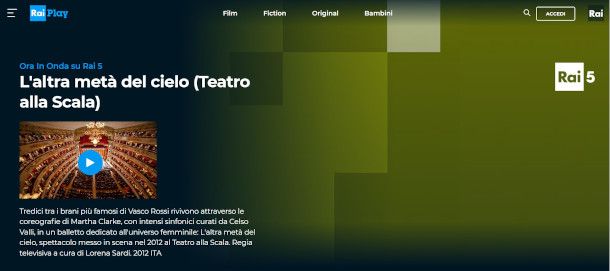 pagina diretta Rai 5 su sito Rai