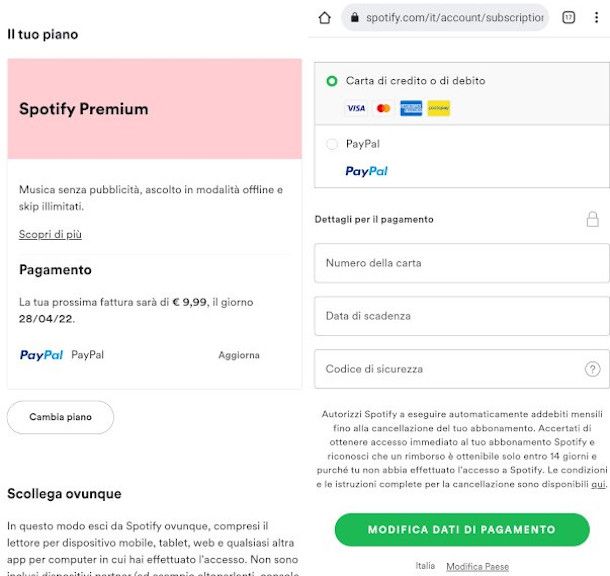 sito mobile Spotify funzione modifica metodo di pagamento