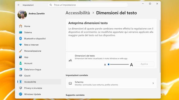 Dimensioni del testo Impostazioni Windows 11