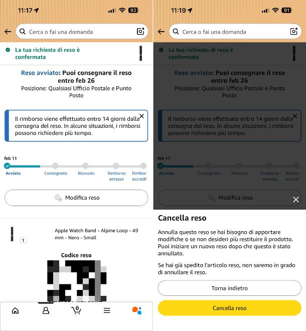 Annullare reso Amazon