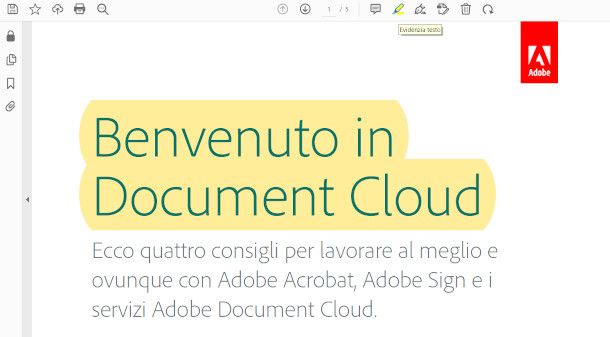 schermata adobe reader PDF per PC con funzione evidenziatore