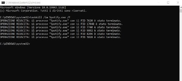 interruzione forzata Spotify prompt dei comandi Windows 10