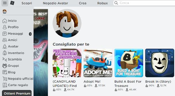 menu accesso funzione Gruppi su sito Roblox