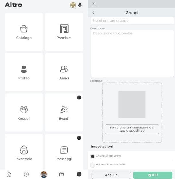 creazione di un gruppo su app Roblox