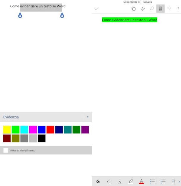 schermata app word con funzione evidenziatore