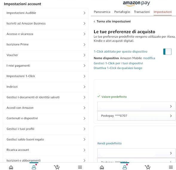 impostazioni pagamenti app amazon shopping