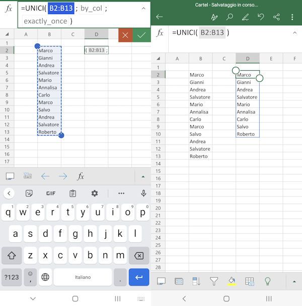 Funzione UNICI su Excel