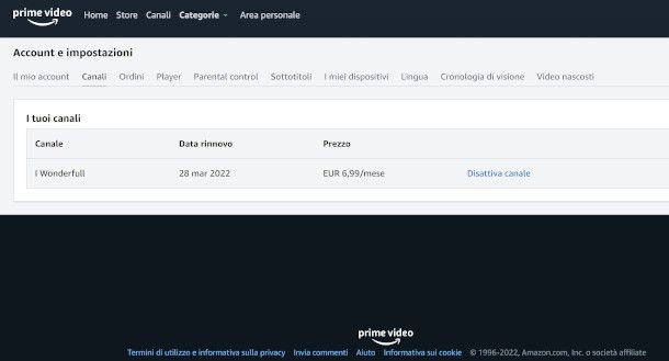 disattivazione canale Amazon Prime Video da PC