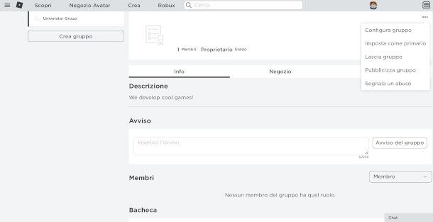 interfaccia gestione gruppo su sito Roblox