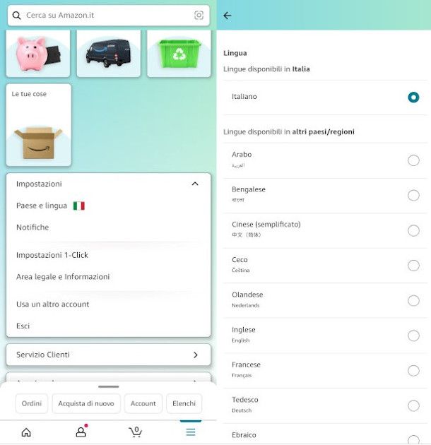 impostazione lingua da app Amazon Shopping