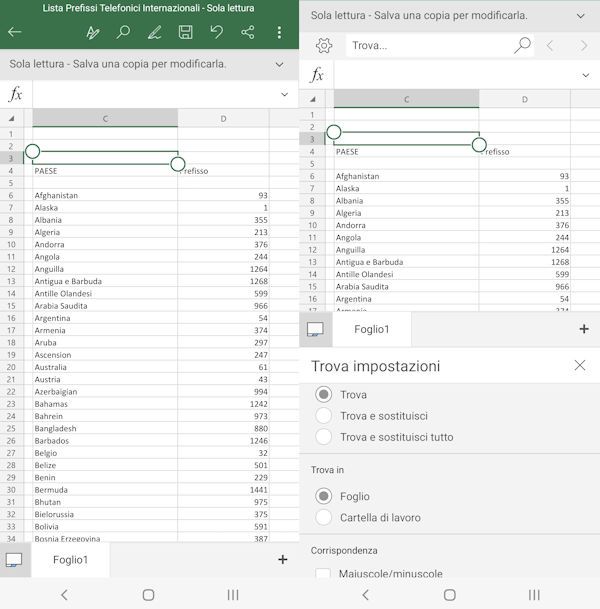 trova su Excel Mobile