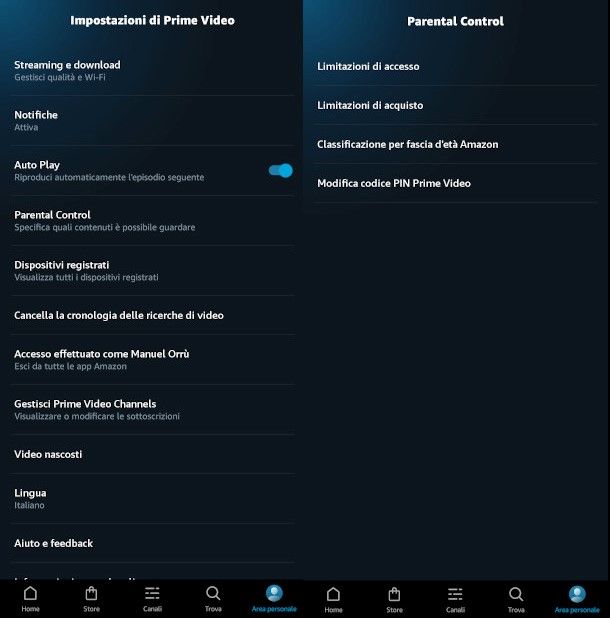 impostazione limitazioni d'acquisto app Amazon Prime Video
