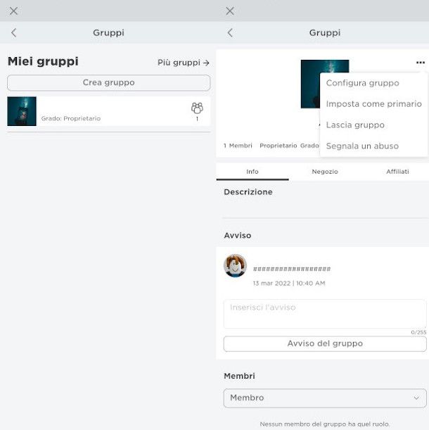 gestione di un gruppo su app Roblox