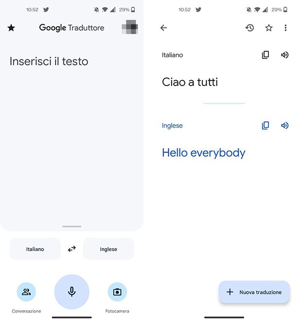 Traduttore su smartphone, dizionario inglese italiano, google