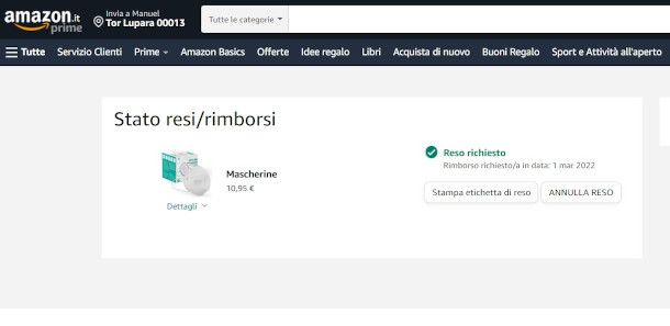 pulsante per l'annullamento del reso su sito Amazon