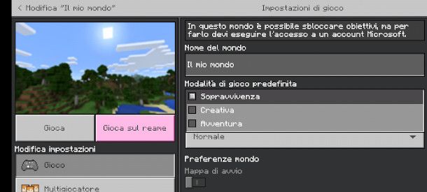 schermata modifica modalità di gioco Minecraft PE