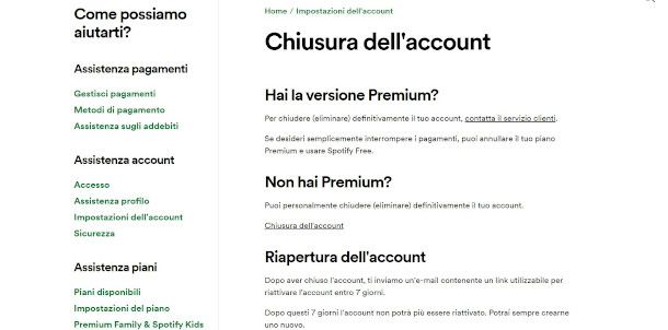 schermata chiusura account spotify