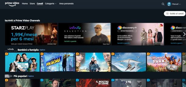 sezione Channels app Amazon Prime Video