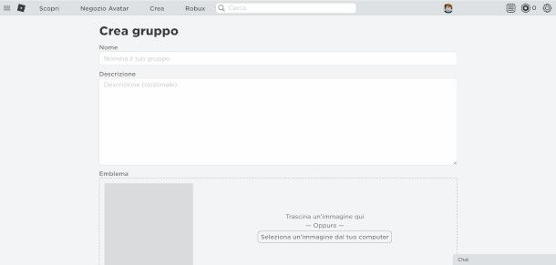 interfaccia creazione gruppo su sito Roblox