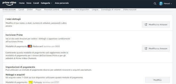 impostazioni pagamento amazon prime video da PC