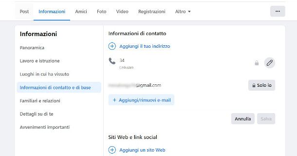 impostazione informazioni di contatto su Facebook per rimuovere l'a visibilità dell'indirizzo email