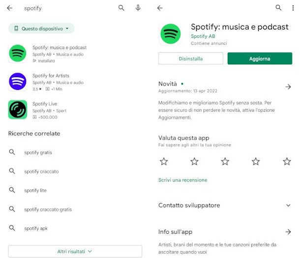 aggiornare app Spotify Android