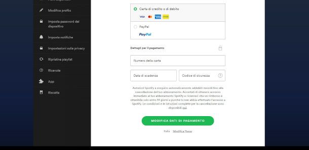 aggiornare metodo di pagamento Spotify da PC