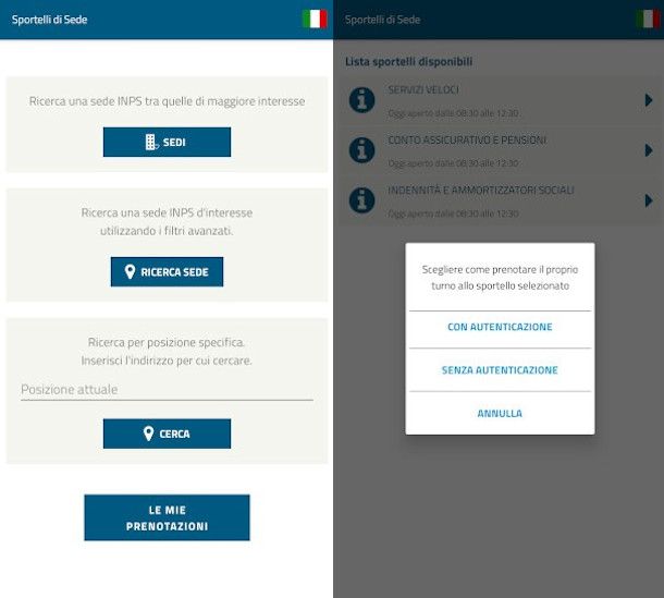 funzione prenota sede app INPS Mobile