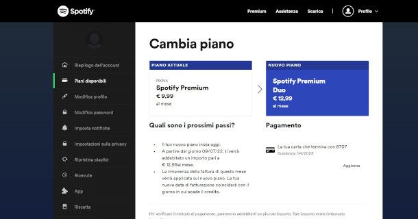 schermata di cambio piano sito Spotify