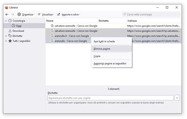 Cancellare cronologia Google Firefox