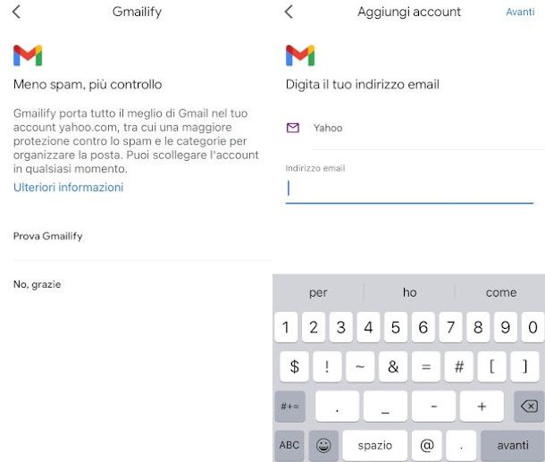 aggiunt account non Gmail su Gmail da app iPhone