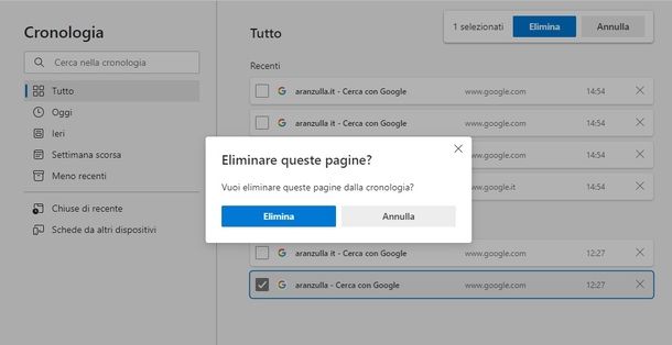 Cancellare cronologia Google Edge