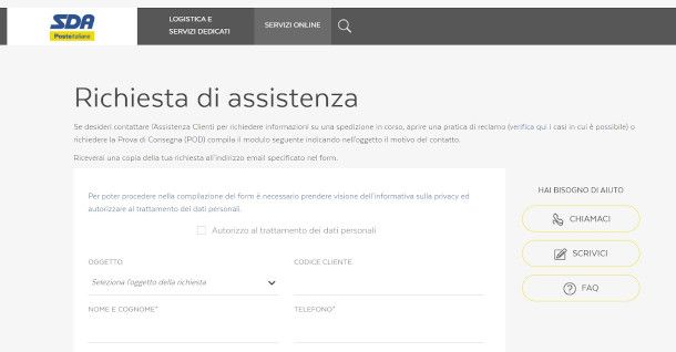 modulo di contatto online cortriere SDA